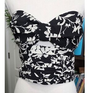 Express Top Women XL Strapless Floral Tube Top Black White Ruched Resortwear NWT